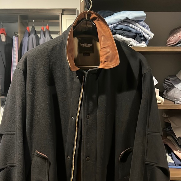 Paul Stuart wool jacket, leather collar and trim